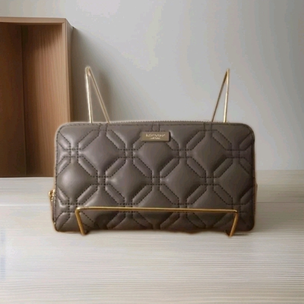 Kate Spade Astor Court Neda Quilted Zip Around Wallet in Wedgewood Gray Tan